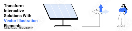 Woman contemplating road directions with solar panel icon. Ideal for sustainability, renewable energy, decision-making, technology, navigation, eco-friendliness, flat landing page banner