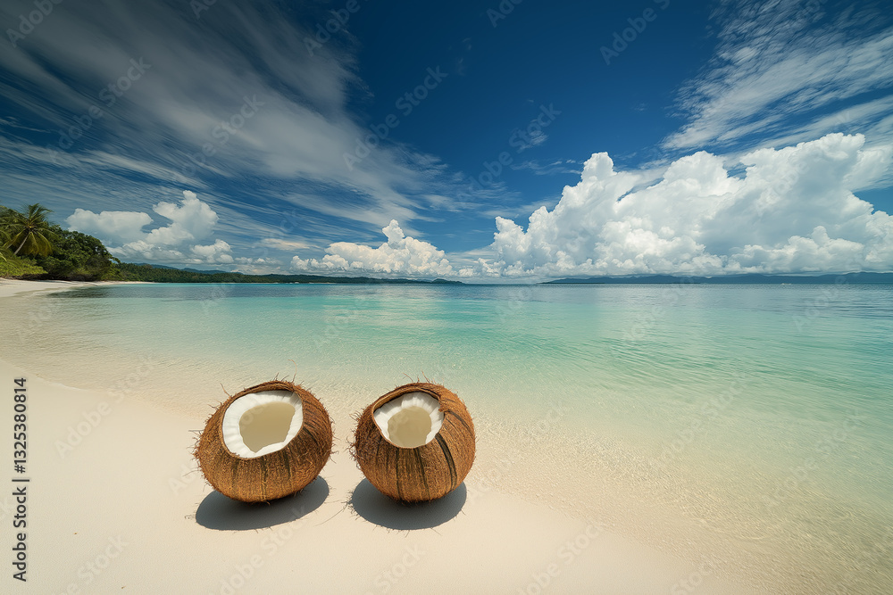 Obraz premium Two coconuts on the white sand beach with a turquoise ocean and blue sky in the background.
