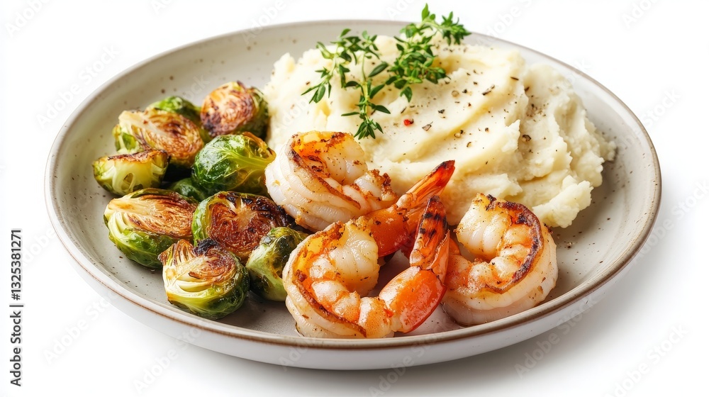 Exquisite Plate of Grilled Shrimp Accompanied by Saut?ed Brussels Sprouts and Creamy Mashed Potatoes on a Rustic Wooden Table - Perfect for Culinary Blogs and Recipe Features Exquisite Plate of Grilled Shrimp Accompanied by Saut?ed Brussels Sprouts and Creamy Mashed Potatoes on a Rustic Wooden Table - Perfect for Culinary Blogs and Recipe Features