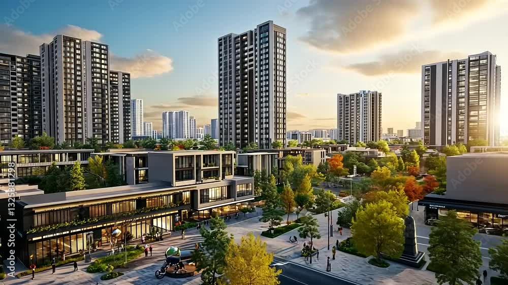 Modern Urban Landscape During Sunset with Vibrant Colors and Lively Atmosphere Modern Urban Landscape During Sunset with Vibrant Colors and Lively Atmosphere