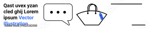 Speech bubble with three dots, handbag with tag, horizontal lines conveying text and spacing. Ideal for messaging, shopping, online communication, retail, branding, product design flat landing page