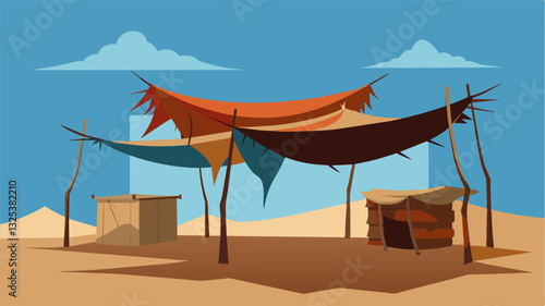 The tarps covering the makeshift stalls were tattered and torn providing little protection from the hot sun and relentless winds.. Vector illustration