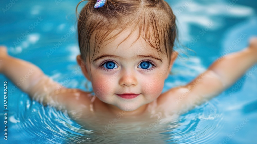 Adorable Baby Girl Swimming Pool Vivid Blue Eyes Water Fun Adorable Baby Girl Swimming Pool Vivid Blue Eyes Water Fun