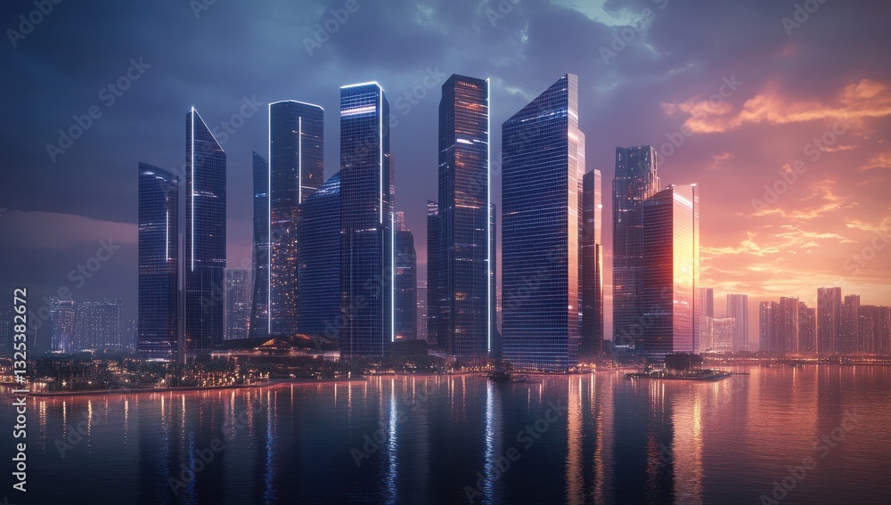 Fototapeta premium Urban Skyline at Sunset: A breathtaking view of a modern cityscape shimmering at dusk. Sleek skyscrapers tower against a vibrant sky reflected in the tranquil waters.