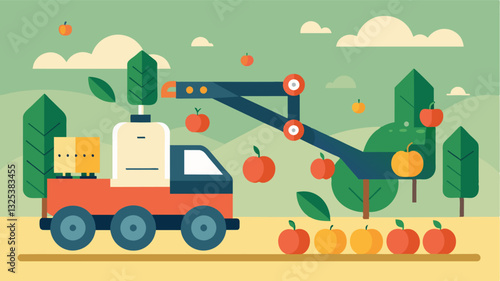 With adjustable picking speeds and gentle handling an automated fruit harvester ensures quality fruits and reduces the risk of bruising during the harvesting process.. Vector illustration
