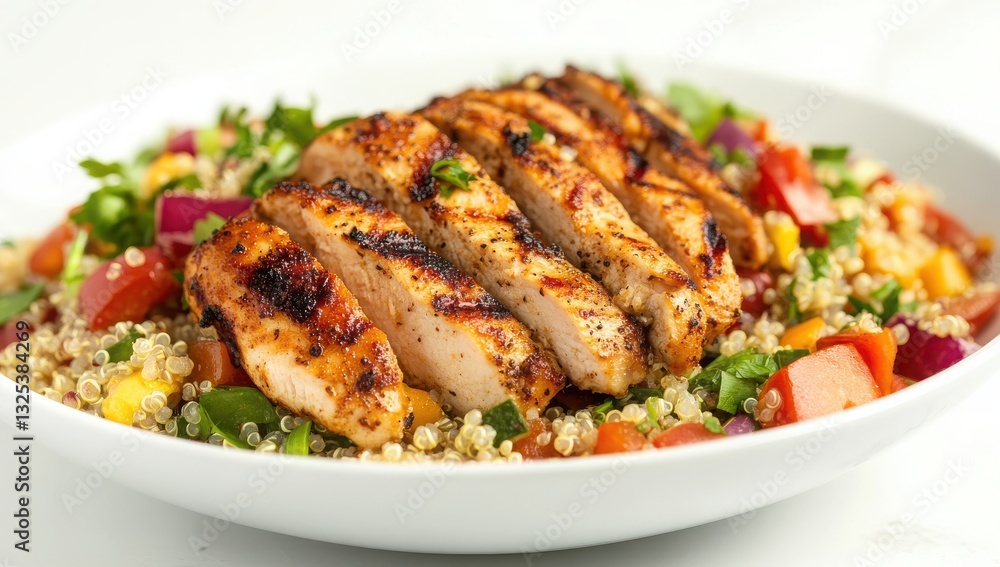 Grilled Chicken Salad: A mouthwatering close-up of a fresh, healthy grilled chicken salad, featuring succulent chicken breast slices atop a bed of colorful quinoa, vibrant vegetables, and herbs. Grilled Chicken Salad: A mouthwatering close-up of a fresh, healthy grilled chicken salad, featuring succulent chicken breast slices atop a bed of colorful quinoa, vibrant vegetables, and herbs.
