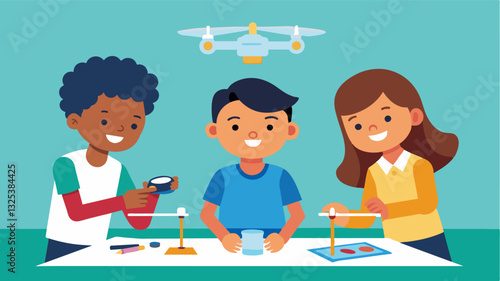 During a STEM workshop children experiment with different materials to create a lightweight and aerodynamic frame for their drone.. Vector illustration