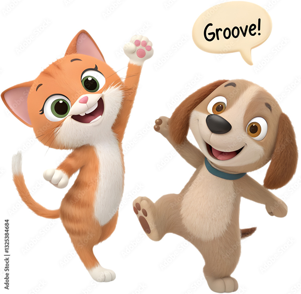 Fototapeta premium The cute kitten and puppy couple cartoon character showcases love, joy, and playful charm. 