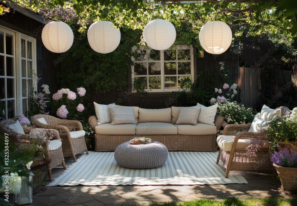 Fototapeta premium Cozy outdoor living space with elegant furniture, decorative lanterns, lush greenery, and a floral backdrop perfect for relaxation and entertainment in summer evenings