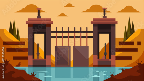The water gates now rusted shut paint a grim picture of the failed attempt to bring water to the fields.. Vector illustration