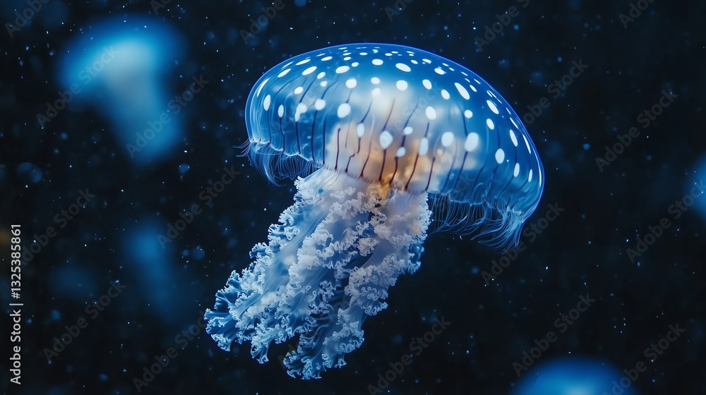 Floating Jellyfish with White Spots in Dark Ocean Underwater View Floating Jellyfish with White Spots in Dark Ocean Underwater View