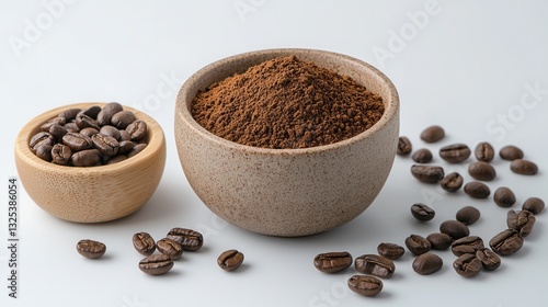 Close up shot of freshly roasted coffee beans and finely ground coffee powder presented in natural earthy ceramic bowls on a light background showcasing the rich aroma and texture of premium coffee