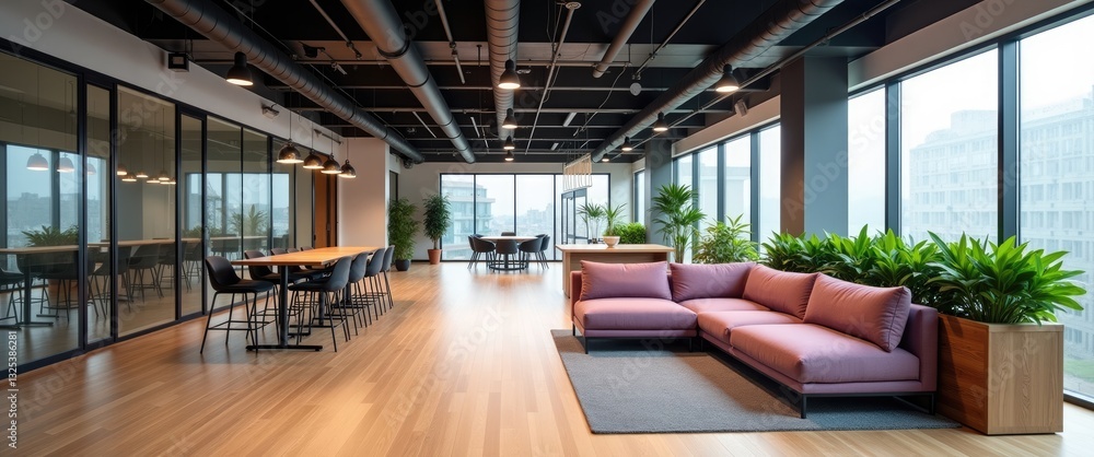 spacious and modern office lounge featuring a cozy and comfortable sofa, expansive windows, high stools, and green plants, workspace organization theme