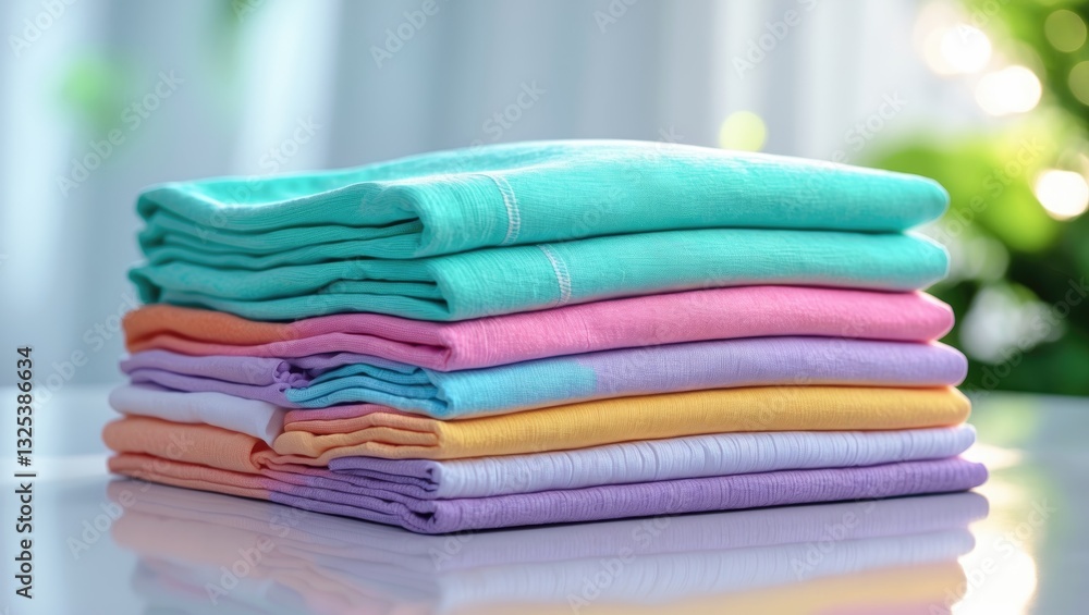 Stack of colorful cotton clothes on empty white table space. Stack of colorful cotton clothes on empty white table space.