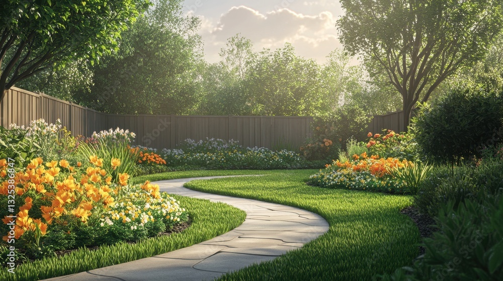 Fototapeta premium Idyllic garden landscape with stone pathway