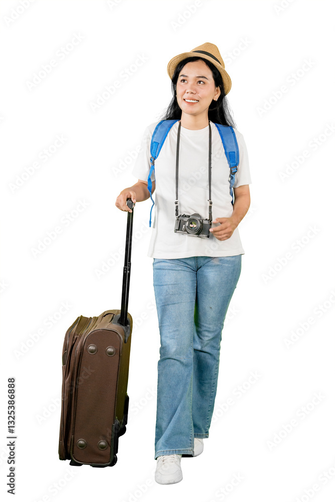 Happy Female Traveler Walking with Suitcase and Camera Happy Female Traveler Walking with Suitcase and Camera