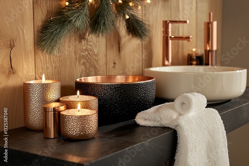 Indulge in a serene escape with luxurious silk bathrobes, casting a spell of relaxation Glimmering rose gold bath accessories add a touch of opulence Immerse yourself in a ritual of self-care with photo