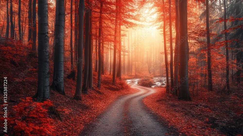 Obraz premium Enchanting Autumn Forest Path with Red Leaves and Golden Sunlight