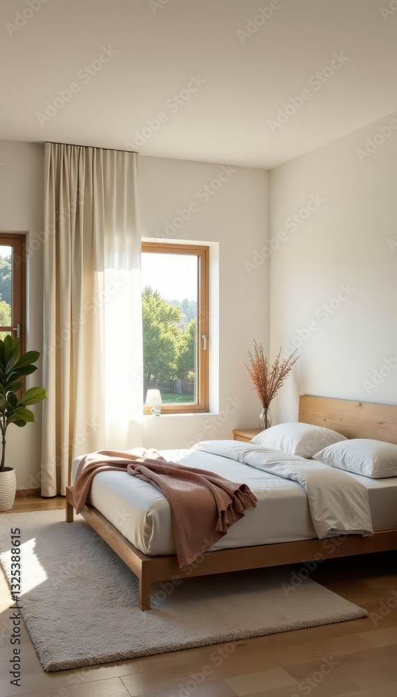 Fototapeta premium Bright minimalist bedroom, natural light floods serene space, spacious, style