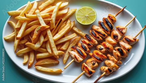 Souvlaki, a well-liked dish made of small chunks of meat grilled on a skewer accompanied by French fries.