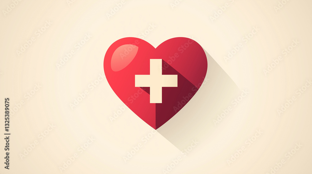 Obraz premium A modern vector illustration of a red heart with a medical cross, symbolizing healthcare, first aid, and medical assistance. Ideal for health and emergency-related content.