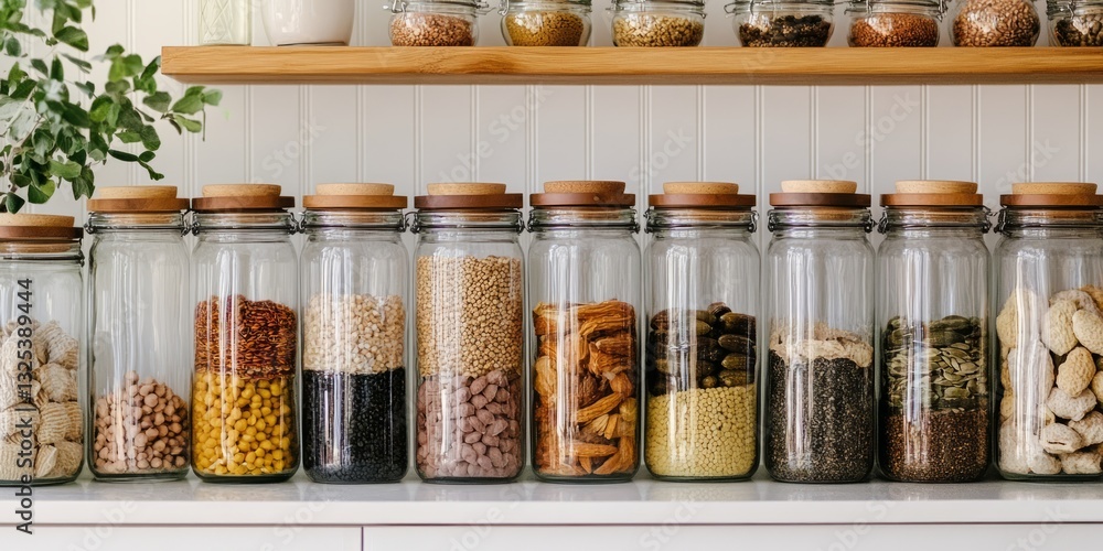 Neatly organized sustainable pantry filled with jars of bulk food for eco-conscious living Neatly organized sustainable pantry filled with jars of bulk food for eco-conscious living