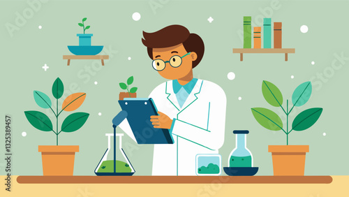 A young scientist observes and records the growth of plants in the lab experimenting with different soil types and watering ods.. Vector illustration