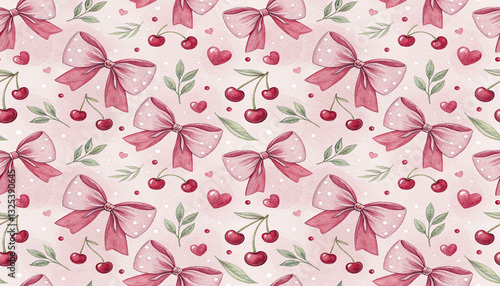 hand drawn watercolor style of red cherries with pink bows seamless pattern background modern design