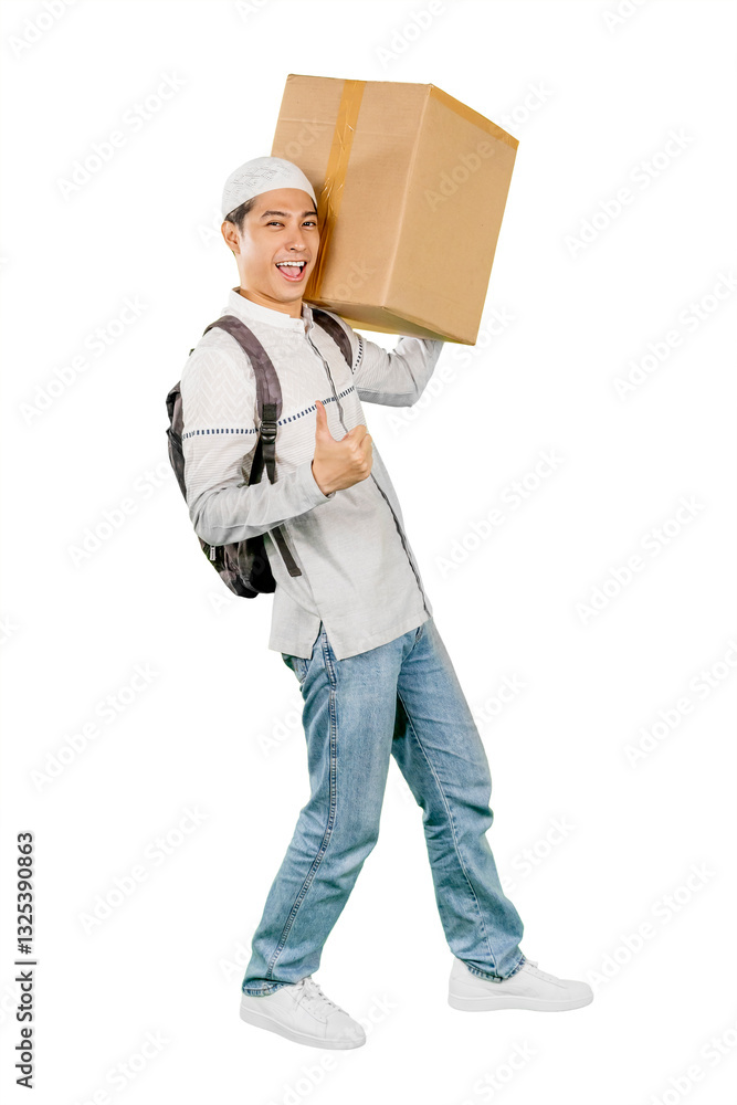 Cheerful Young Muslim Man Carrying a Cardboard Box and Giving Thumbs Up — Charity, Volunteering, and Ramadan Spirit Cheerful Young Muslim Man Carrying a Cardboard Box and Giving Thumbs Up — Charity, Volunteering, and Ramadan Spirit