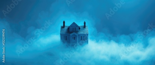small house vanishes in a blue backdrop