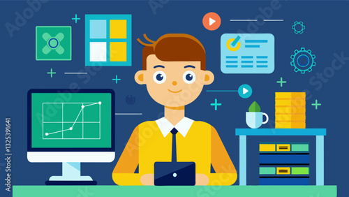In the computer lab a student proudly displays their program which uses algorithms to generate instant solutions to challenging calculus problems.. Vector illustration