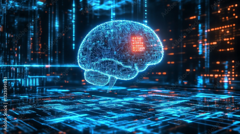 Obraz premium A digital representation of a brain composed of glowing circuits and data streams, symbolizing artificial intelligence and technology.