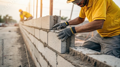 Construction worker building a brick wall at construction site