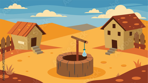 The village is in desperate need of help with the dry well serving as a silent plea for assistance in their struggle for survival.. Vector illustration