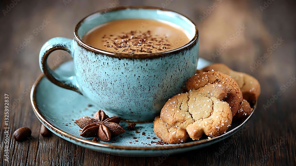 A rustic cup of coffee alongside some delicious cookies A rustic cup of coffee alongside some delicious cookies