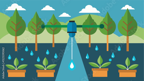 Utilizing precision irrigation techniques such as drip or microsprinkler systems to deliver small doses of water directly to the plant roots reducing water loss and improving. Vector illustration