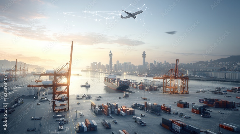 Obraz premium Expansive view of a modern technologically advanced logistics terminal at dawn featuring rows of cargo containers cranes and ships transporting goods across the bustling harbor