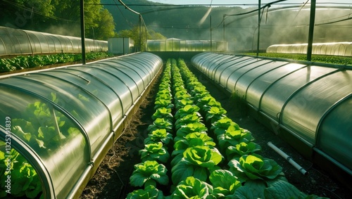 Fototapeta Naklejka Na Ścianę i Meble -  Aerial view of greenhouses that use waste heat to grow lettuce and vegetables.