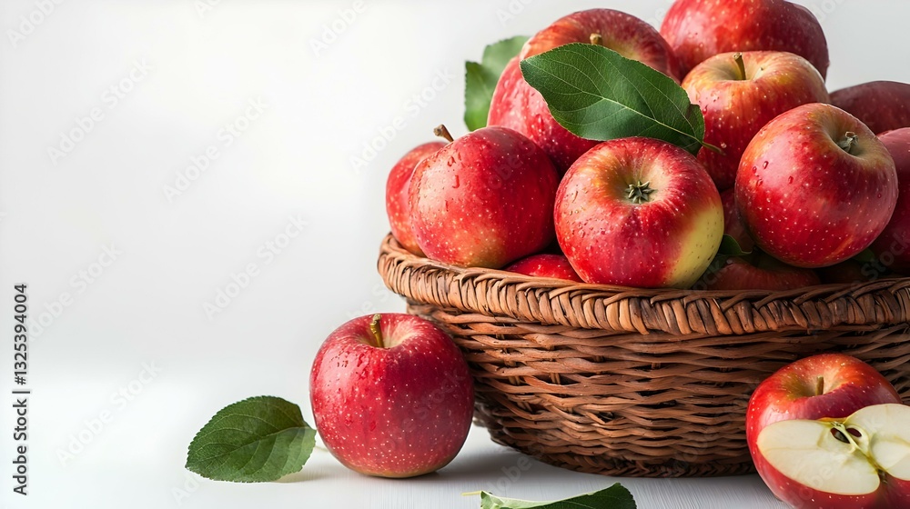 Wicker bowl of ripe juicy red apples with leaf Wicker bowl of ripe juicy red apples with leaf