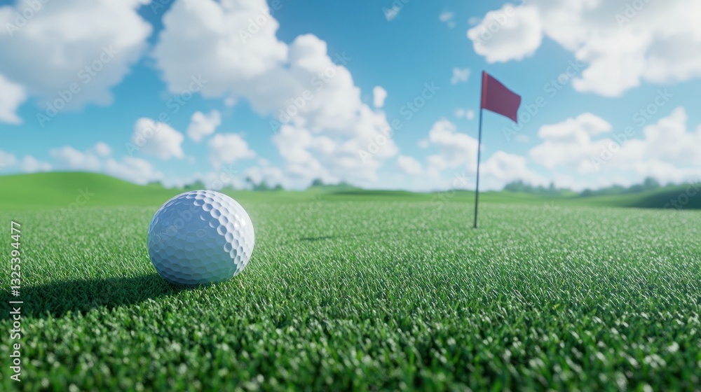 Obraz premium Golf ball resting on the green grass with a red flag in the background