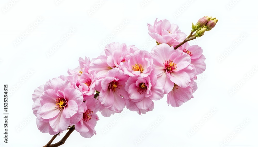 Fototapeta premium Delicate Pink Cherry Blossoms on Branch Against White Background