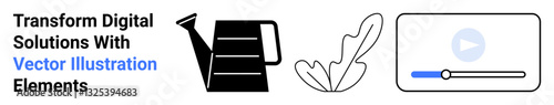 Watering can nurturing growth, leaf representing organic development, and video interface for multimedia creativity. Ideal for content creation, digital marketing, growth, eco-tech, creative