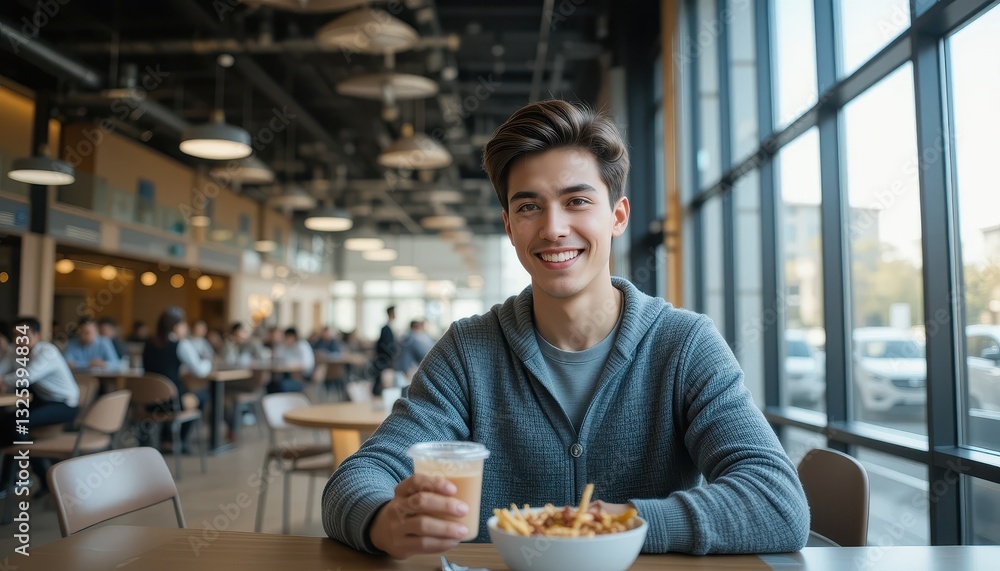 Young Asian man enjoys fries and drink at restaurant Young Asian man enjoys fries and drink at restaurant