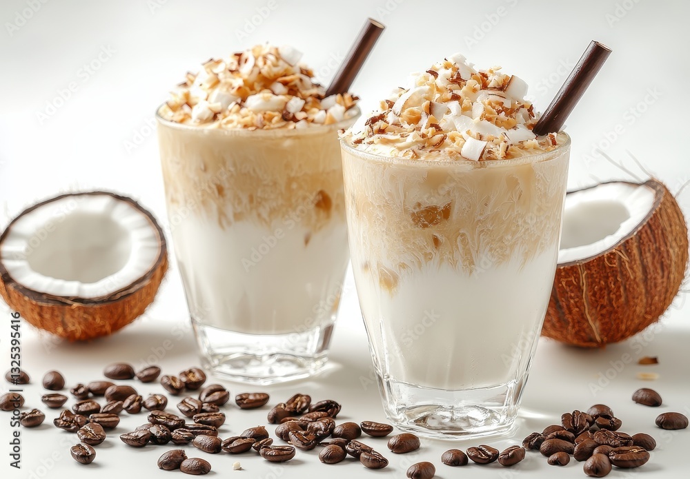 Delicious creamy coconut and coffee dessert beverages garnished with chocolate sprinkles, coconut flakes, and whole coconuts arranged on a white surface Delicious creamy coconut and coffee dessert beverages garnished with chocolate sprinkles, coconut flakes, and whole coconuts arranged on a white surface