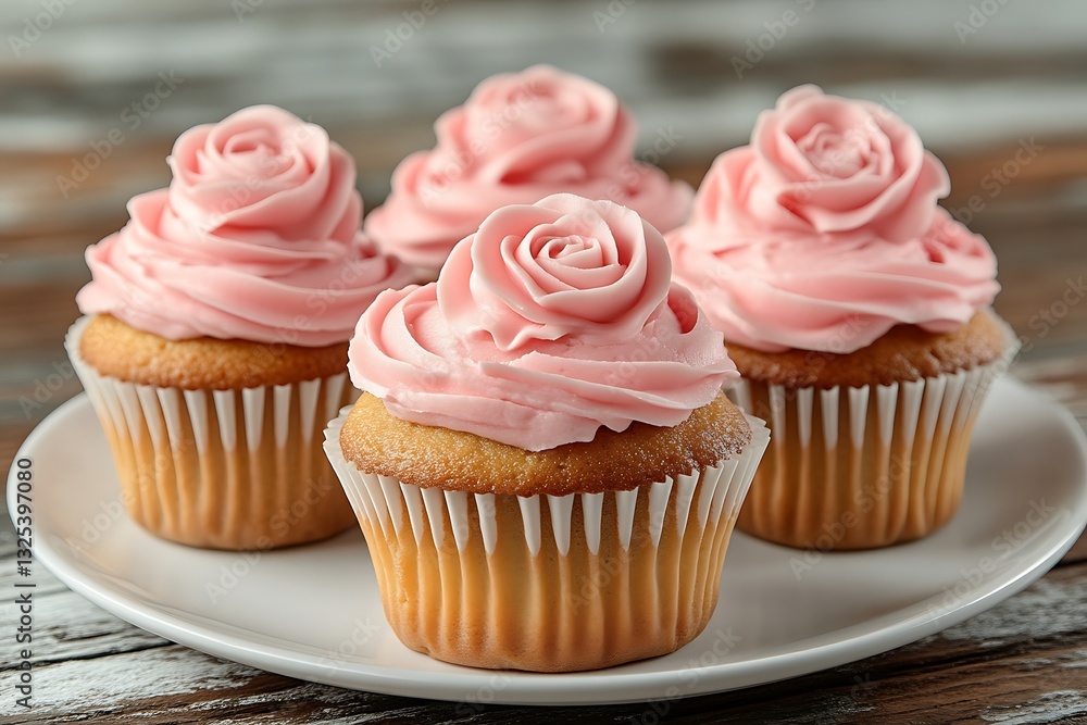 Four pink frosted cupcakes arranged on a white ceramic plate Four pink frosted cupcakes arranged on a white ceramic plate