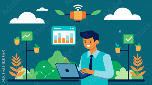 Use of artificial intelligence to analyze data from remote monitoring systems and provide recommendations for optimized crop management.. Vector illustration