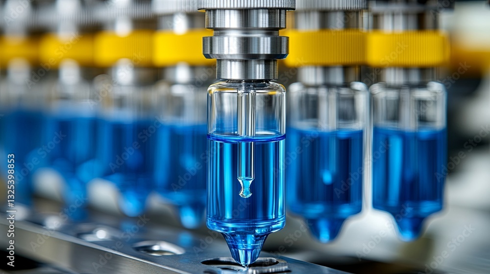 Vials filled with blue liquid being processed on an industrial production line in a laboratory setting Vials filled with blue liquid being processed on an industrial production line in a laboratory setting
