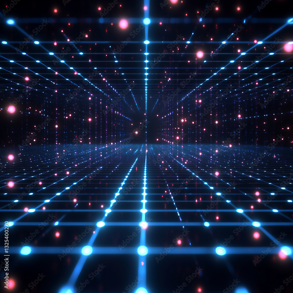 Fototapeta premium Abstract Digital Grid with Glowing Blue and Pink Nodes in a Futuristic Space