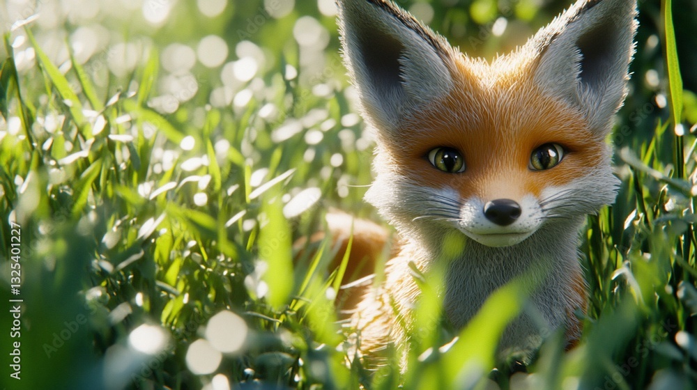 Fototapeta premium Cute fox resting in sunny meadow bokeh background