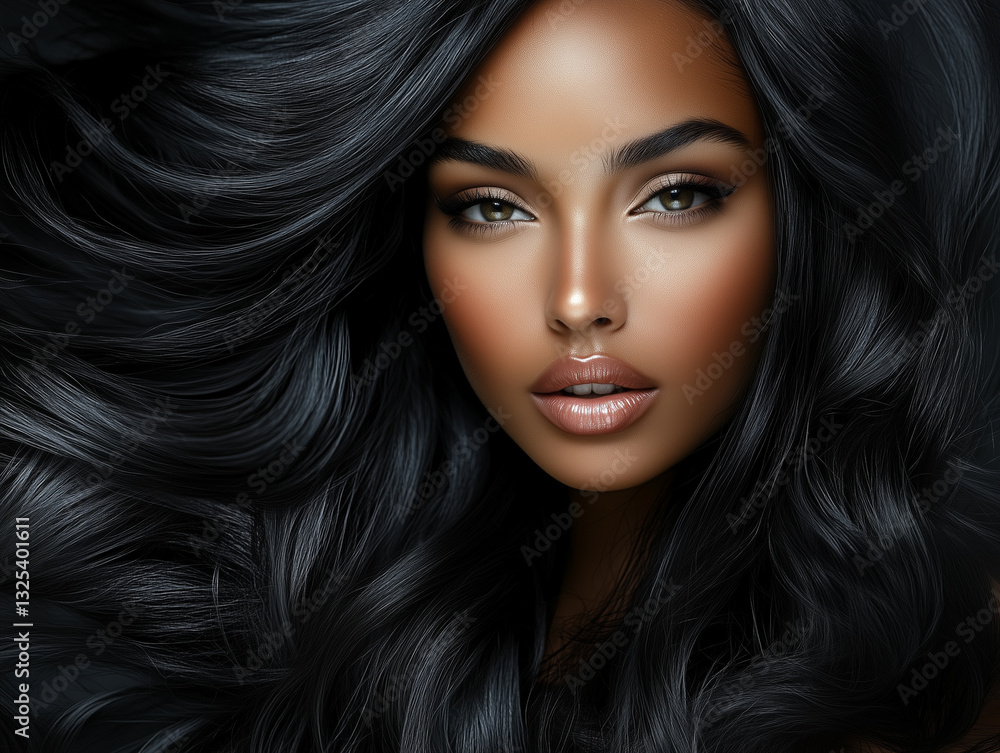 Fototapeta premium woman with long, flowing black hair and striking features, exuding confidence and beauty. Her radiant skin and captivating eyes enhance her allure